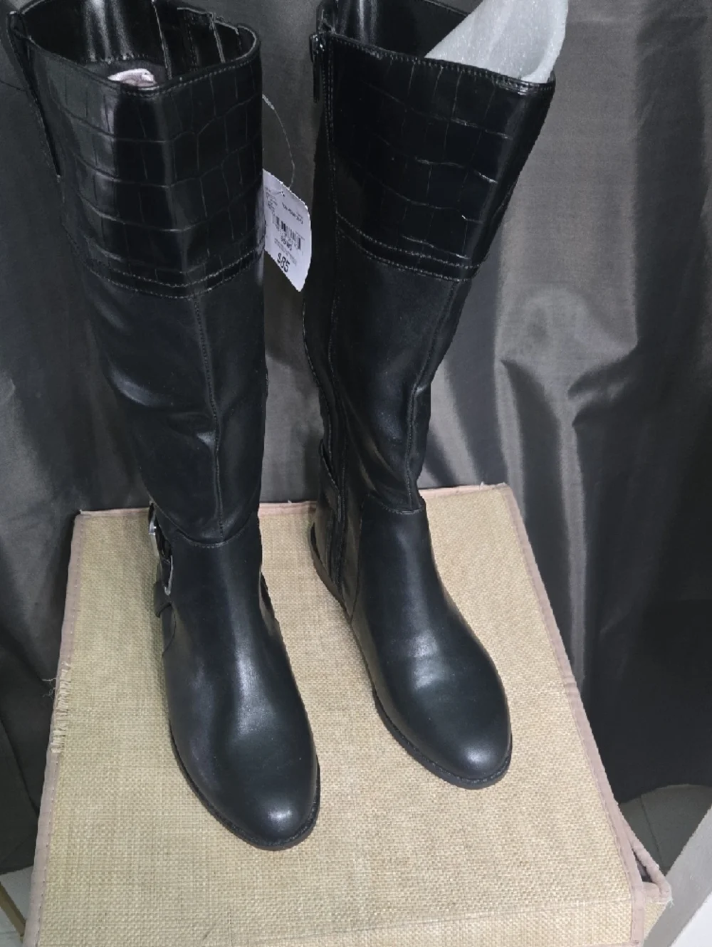 St.John's Bay Black Faux-Leather Over-the-Knee Boots with Croc-Texture Cuff